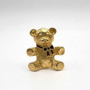 Vintage Gold Tone Black Enamel Bow Teddy Bear Brooch Pin Gift